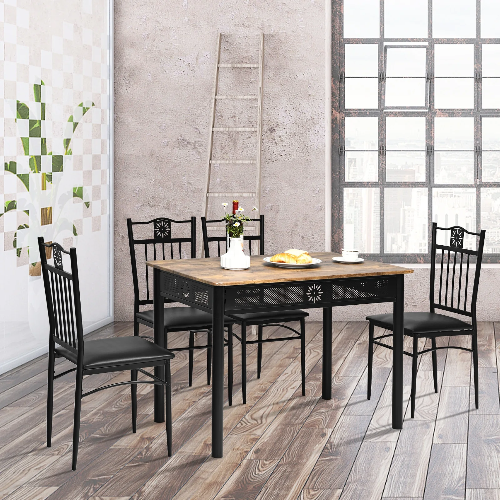 5 Pcs Dining Set, Wood Metal Table, 4 Chairs, Cushions, Black - Image 3