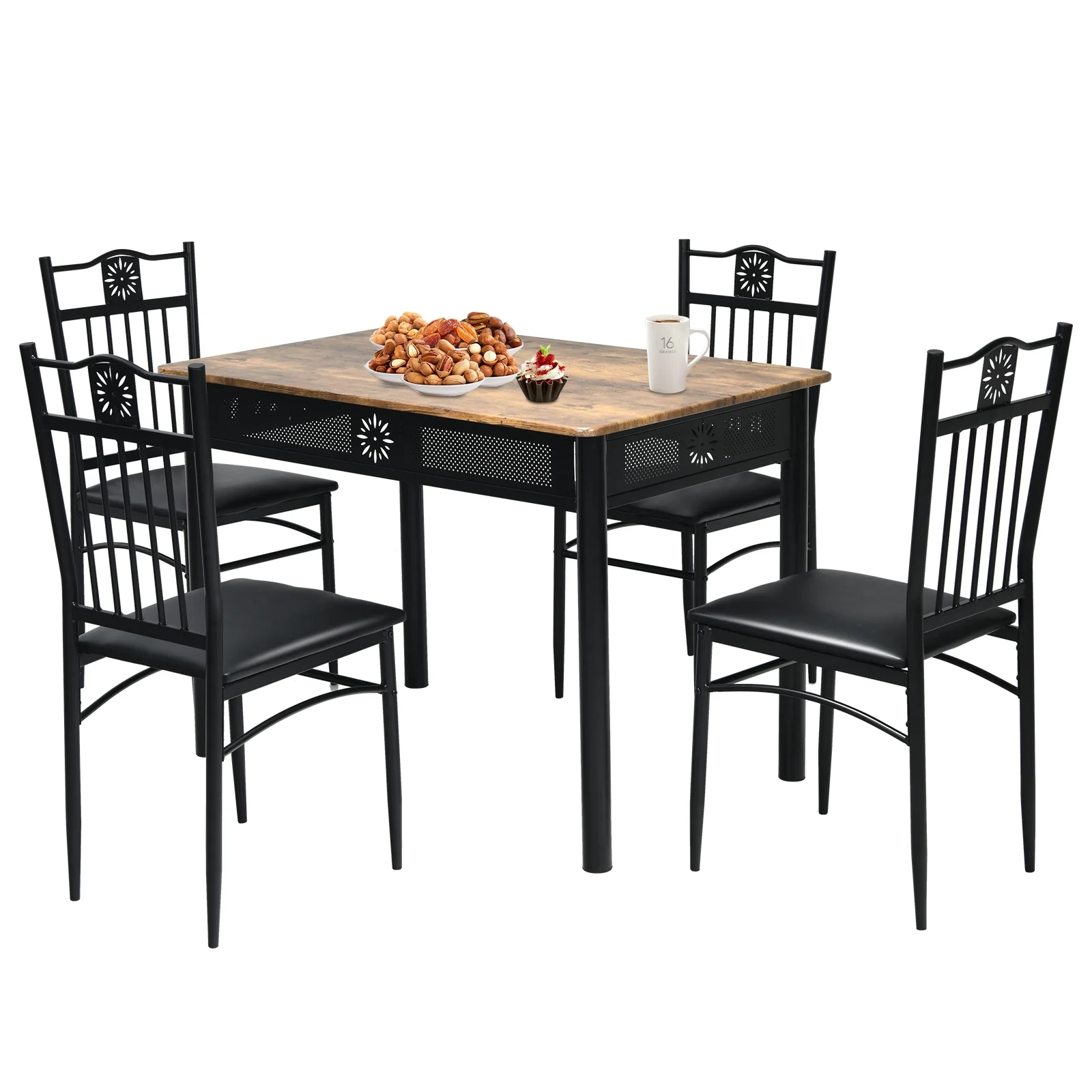 5 Pcs Dining Set, Wood Metal Table, 4 Chairs, Cushions, Black - Image 4