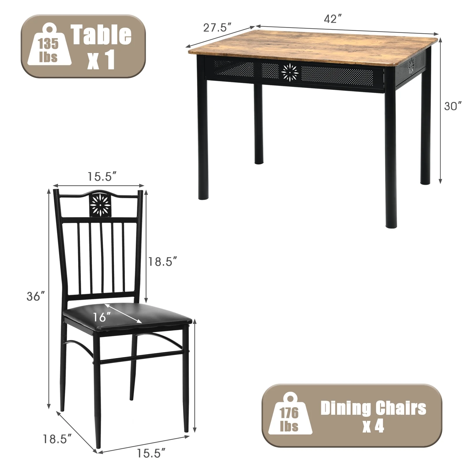 5 Pcs Dining Set, Wood Metal Table, 4 Chairs, Cushions, Black - Image 6