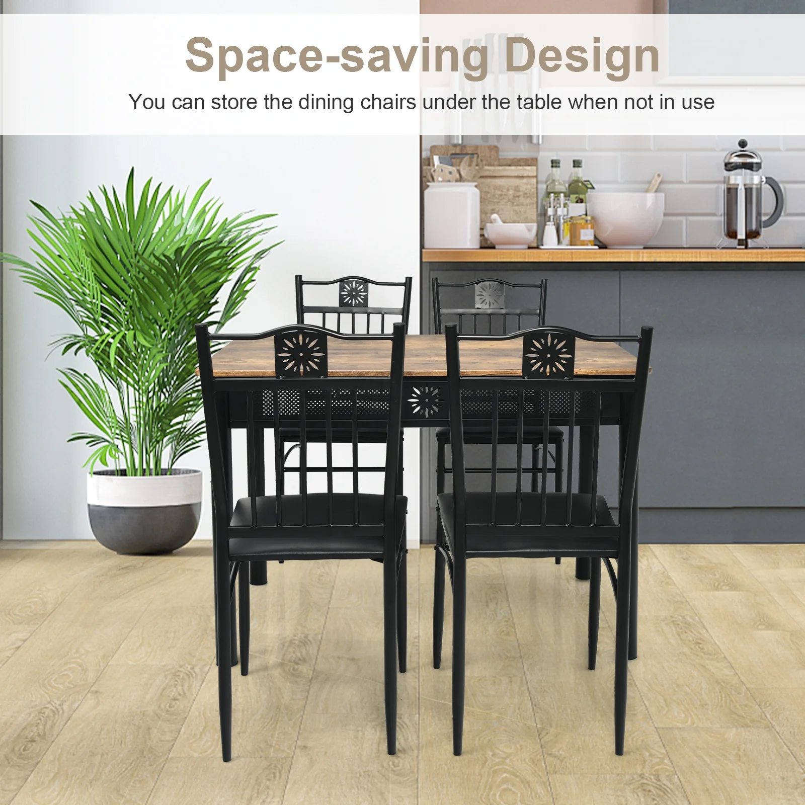 5 Pcs Dining Set, Wood Metal Table, 4 Chairs, Cushions, Black - Image 9