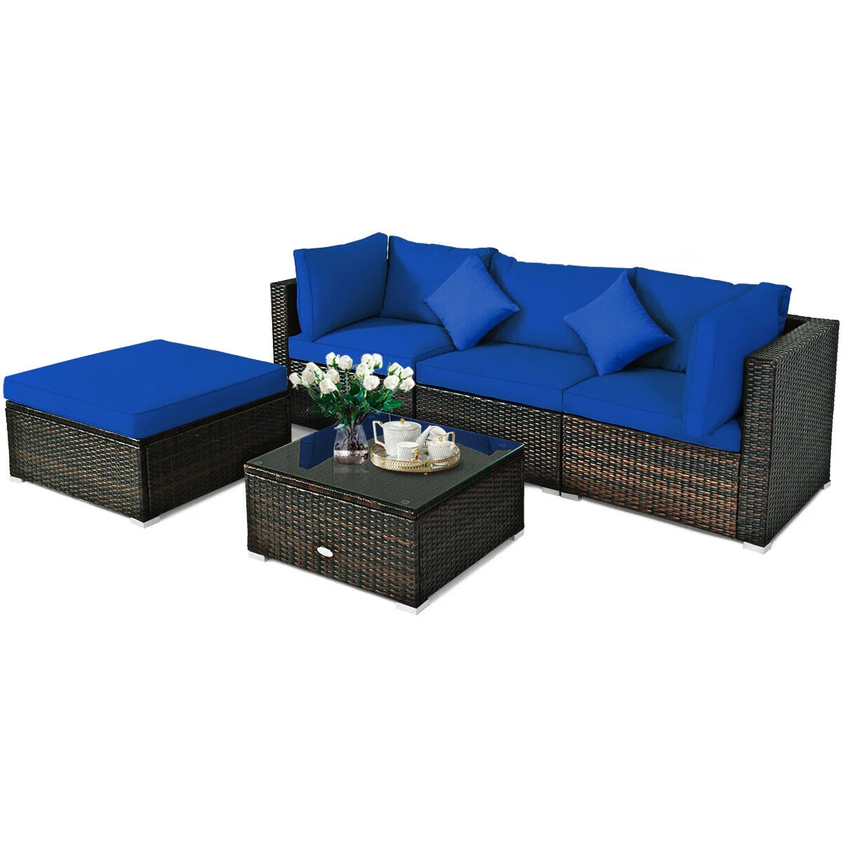 5 Pcs Outdoor Patio Rattan Furniture Set, Navy - Image 10