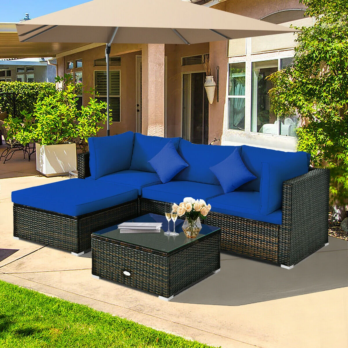 5 Pcs Outdoor Patio Rattan Furniture Set, Navy - Image 2