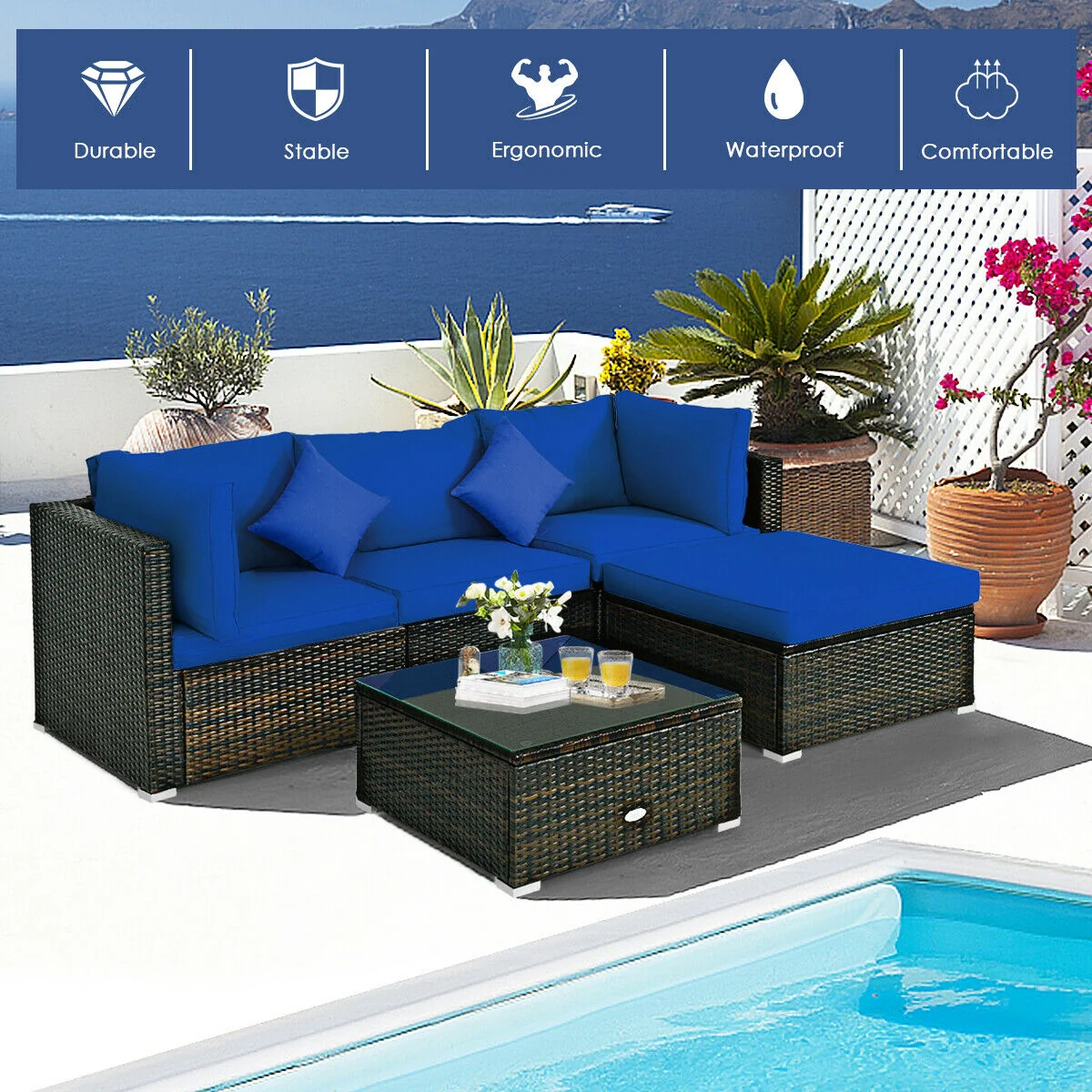 5 Pcs Outdoor Patio Rattan Furniture Set, Navy - Image 3