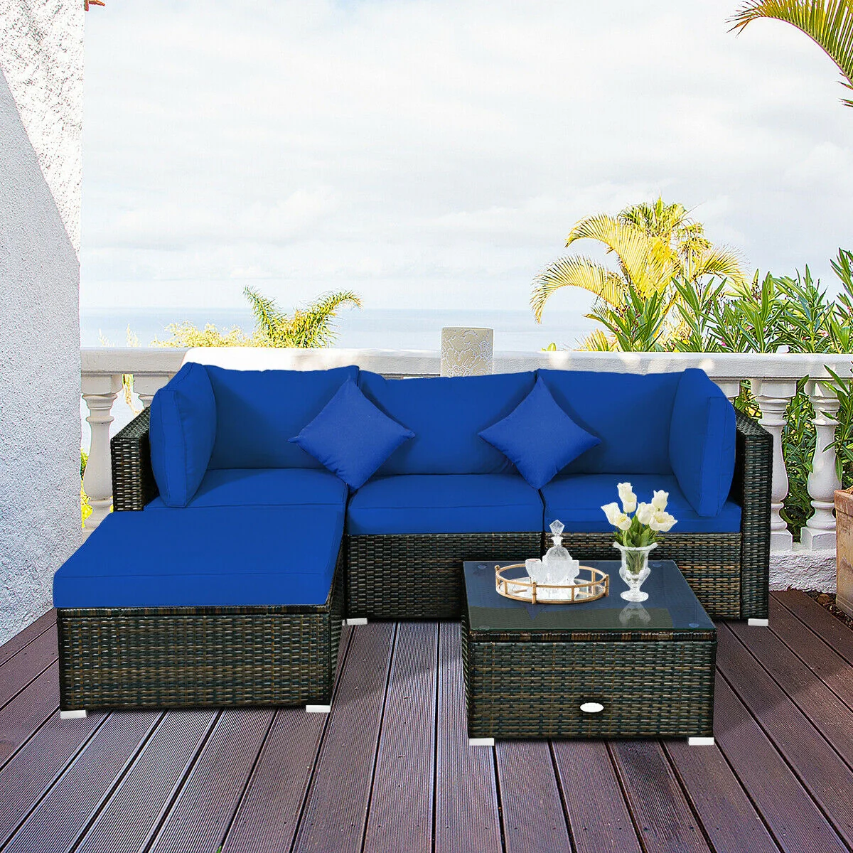5 Pcs Outdoor Patio Rattan Furniture Set, Navy - Image 7