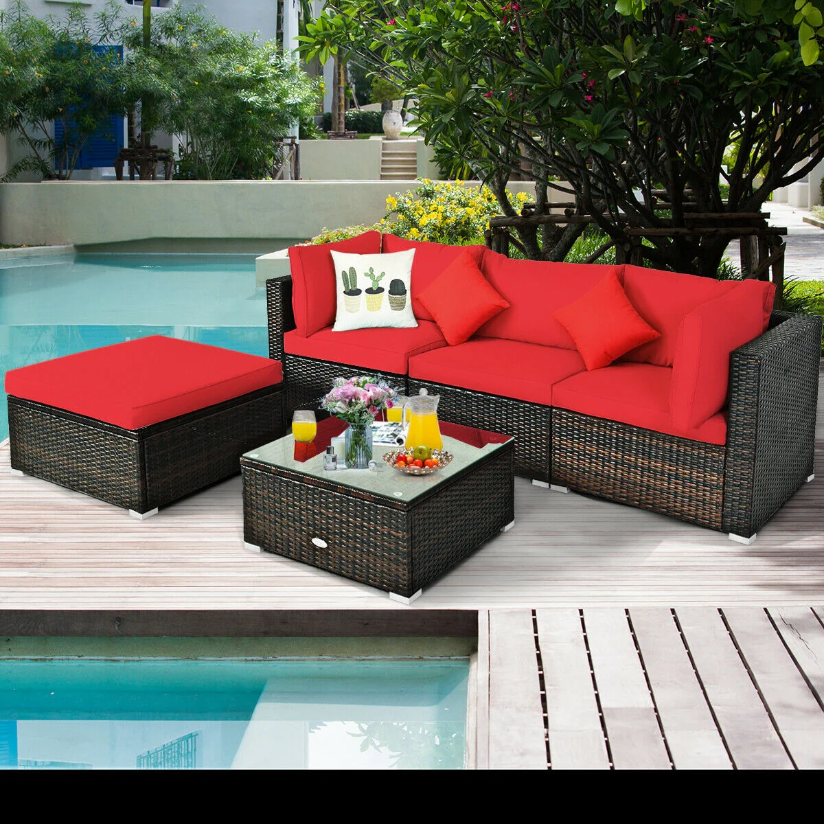 5 Pcs Outdoor Patio Rattan Sectional Set With Cushions, Red - Image 2