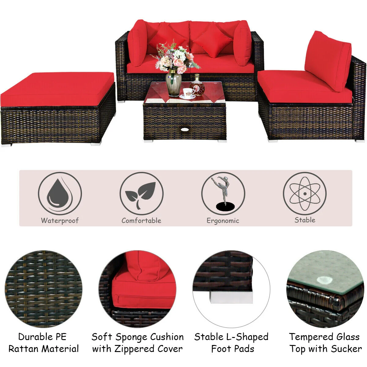 5 Pcs Outdoor Patio Rattan Sectional Set With Cushions, Red - Image 3