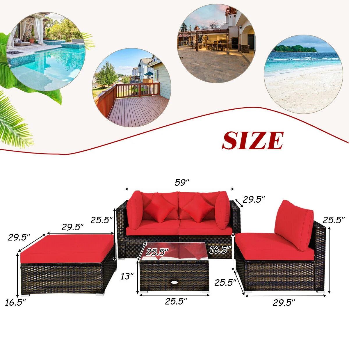 5 Pcs Outdoor Patio Rattan Sectional Set With Cushions, Red - Image 5