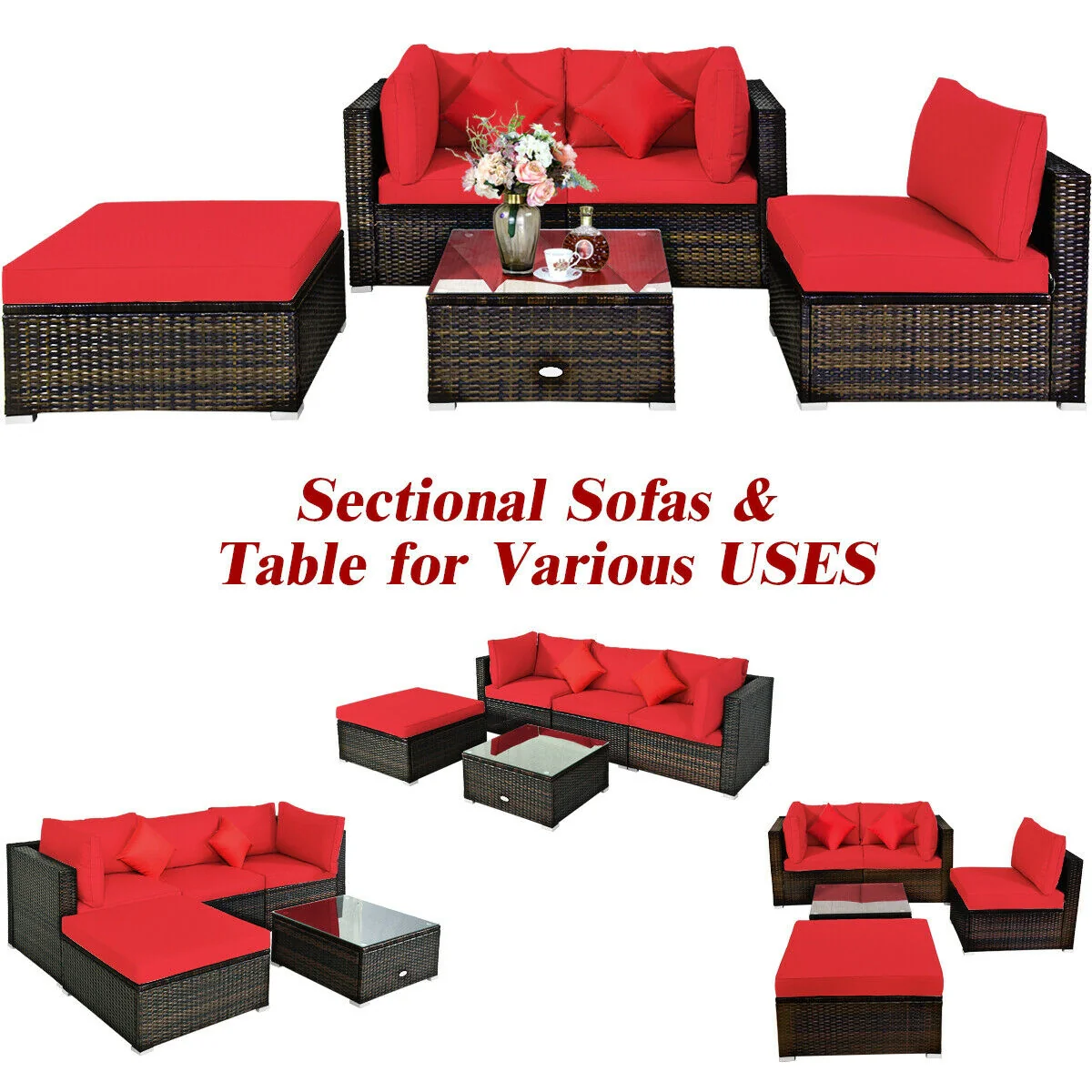 5 Pcs Outdoor Patio Rattan Sectional Set With Cushions, Red - Image 6