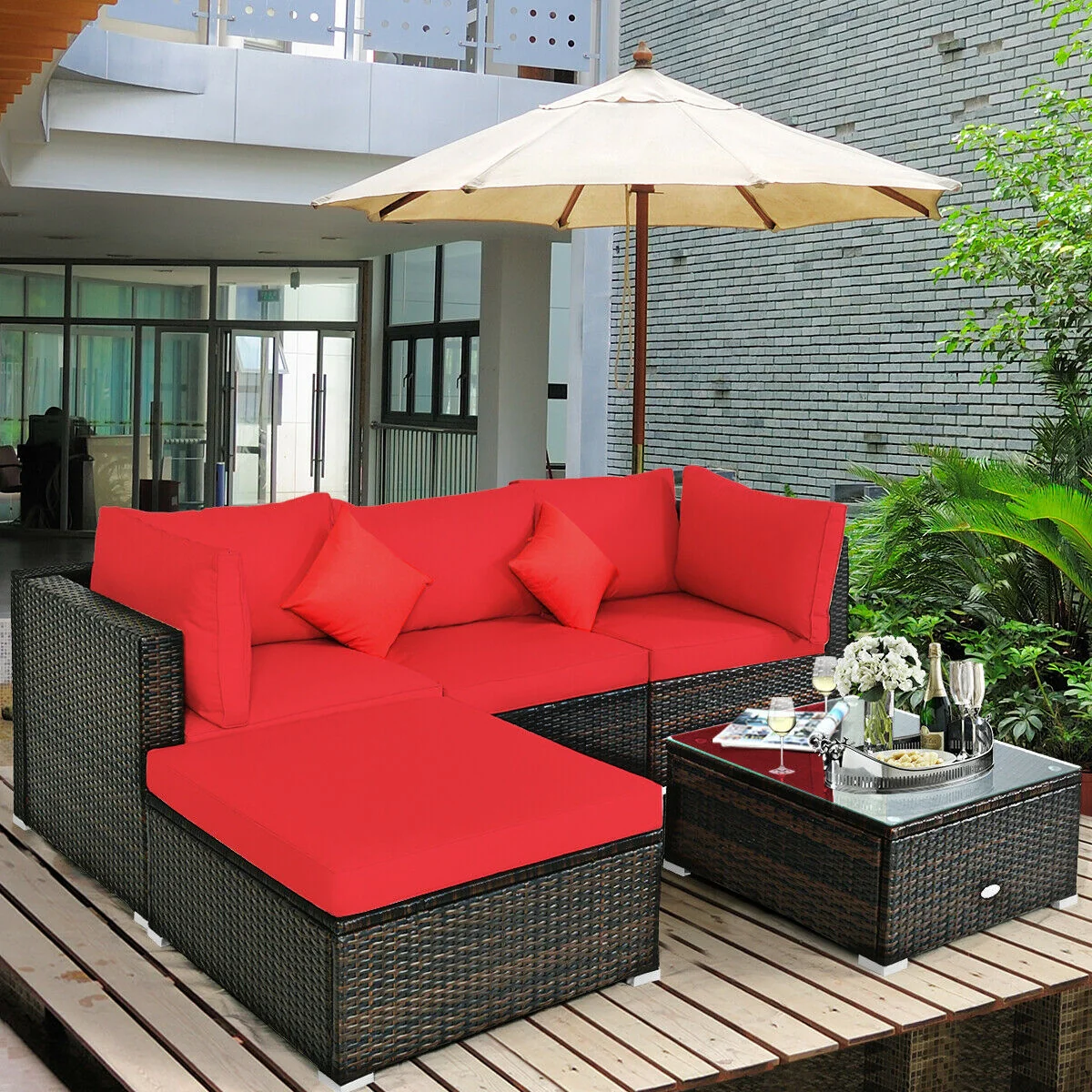 5 Pcs Outdoor Patio Rattan Sectional Set With Cushions, Red - Image 8