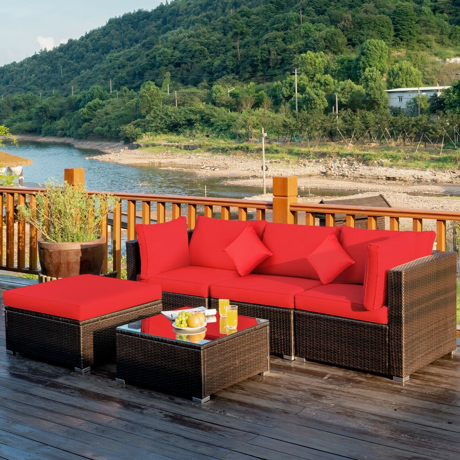 5 Pcs Outdoor Patio Rattan Sectional Set With Cushions, Red - Image 9
