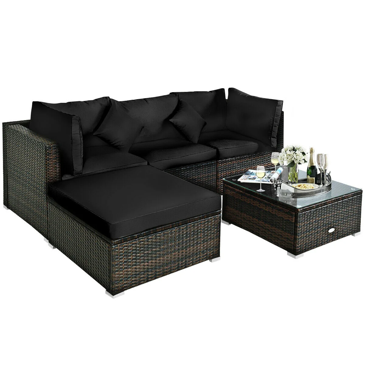 5 Pcs Outdoor Rattan Furniture Set, Sectional Conversation With Cushions, Black - Image 10
