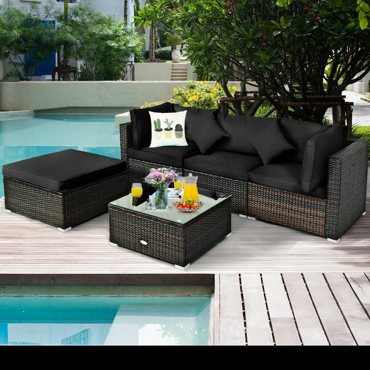 5 Pcs Outdoor Rattan Furniture Set, Sectional Conversation With Cushions, Black - Image 2