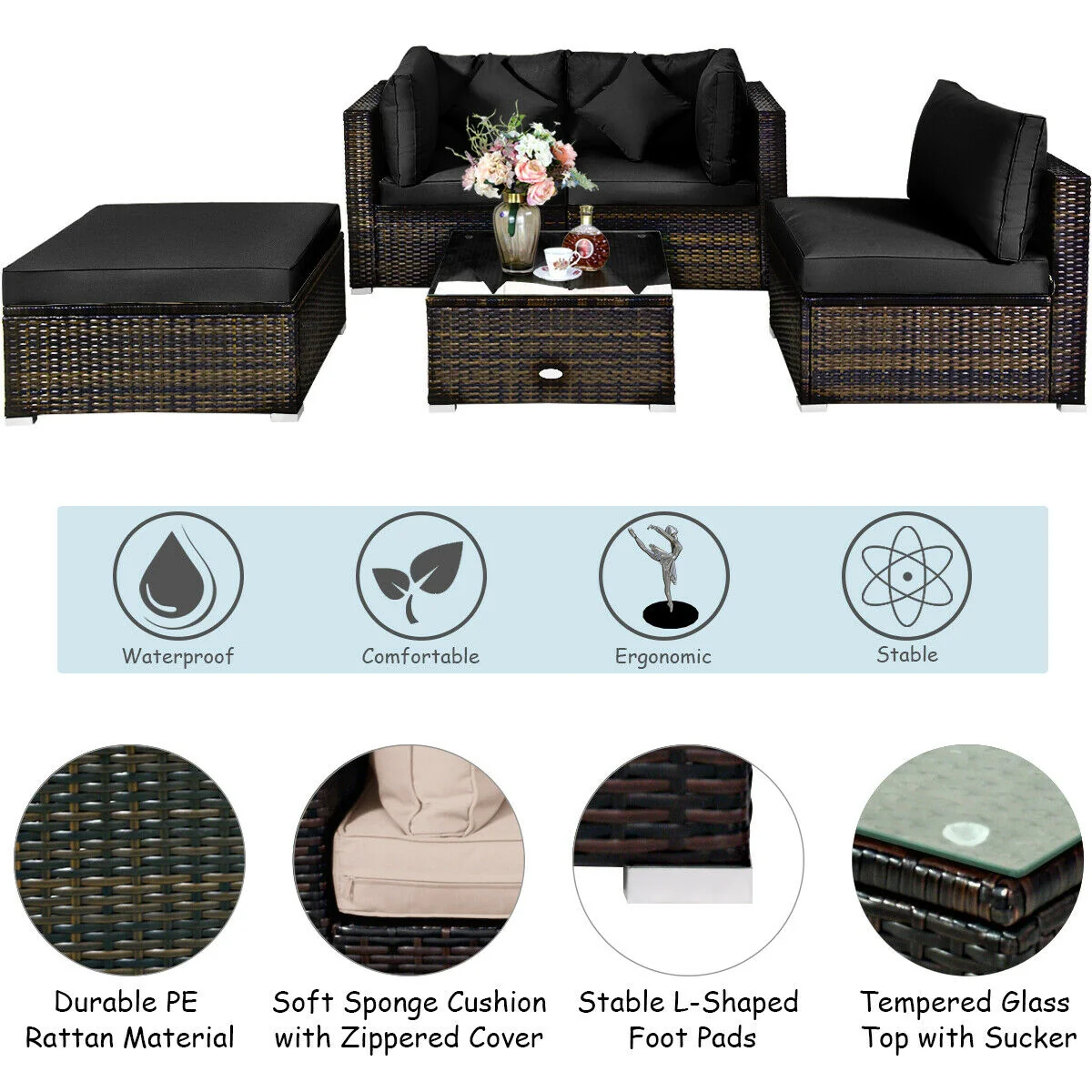 5 Pcs Outdoor Rattan Furniture Set, Sectional Conversation With Cushions, Black - Image 3