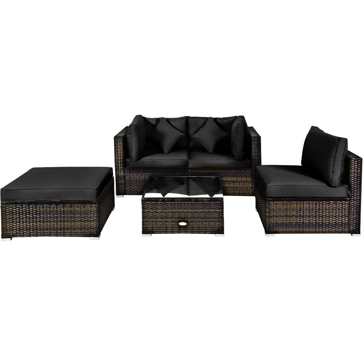 5 Pcs Outdoor Rattan Furniture Set, Sectional Conversation With Cushions, Black - Image 4