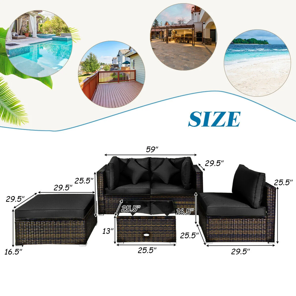 5 Pcs Outdoor Rattan Furniture Set, Sectional Conversation With Cushions, Black - Image 5