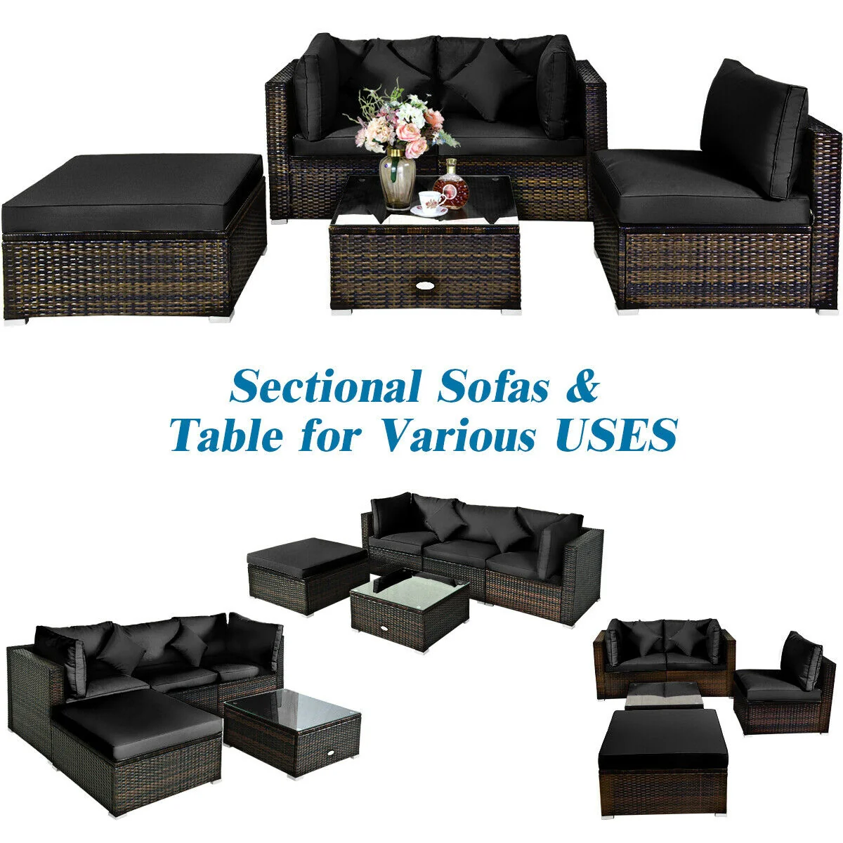 5 Pcs Outdoor Rattan Furniture Set, Sectional Conversation With Cushions, Black - Image 6