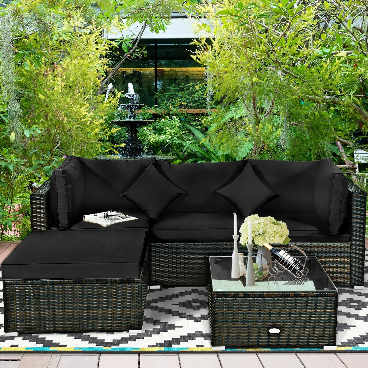 5 Pcs Outdoor Rattan Furniture Set, Sectional Conversation With Cushions, Black - Image 7