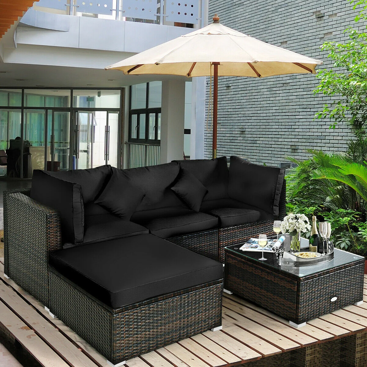 5 Pcs Outdoor Rattan Furniture Set, Sectional Conversation With Cushions, Black - Image 8