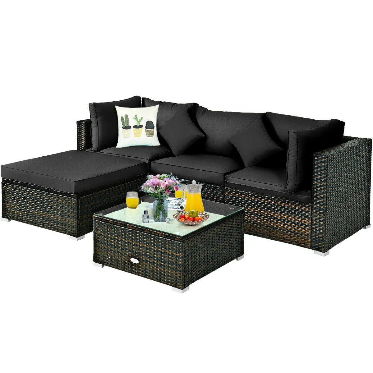 5 Pcs Outdoor Rattan Furniture Set, Sectional Conversation With Cushions, Black - Image 9