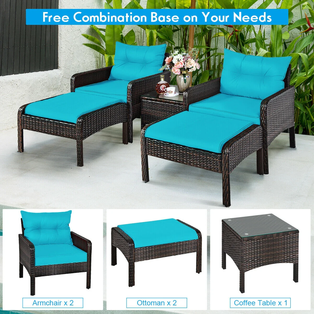 5 Pcs Patio Rattan Sofa Ottoman Set, Turquoise - Image 10