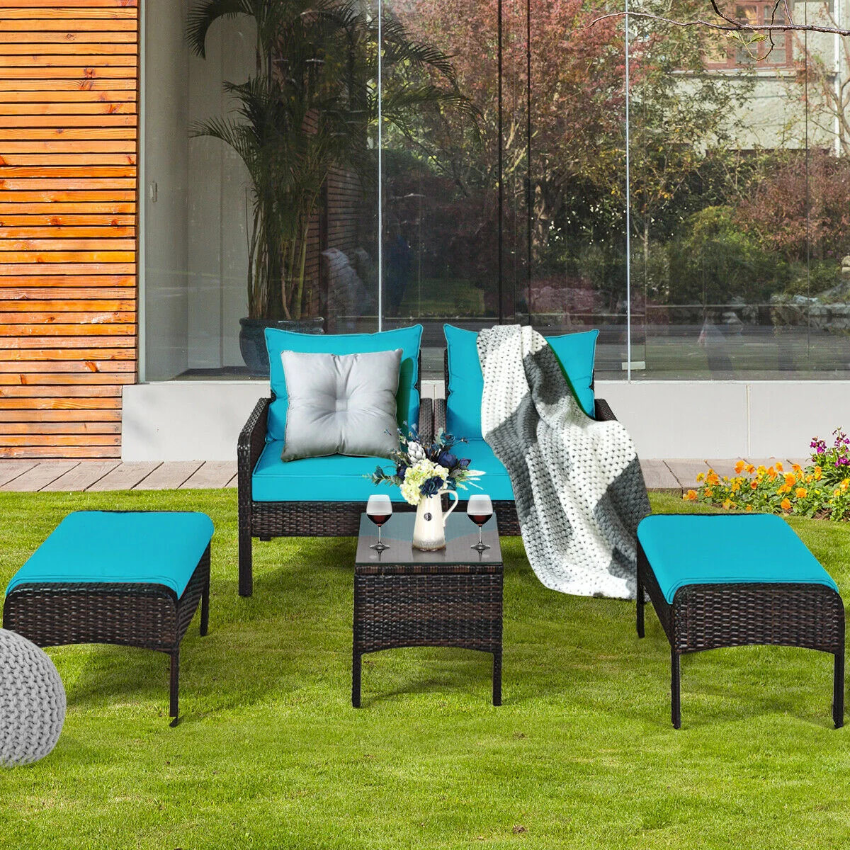 5 Pcs Patio Rattan Sofa Ottoman Set, Turquoise - Image 2