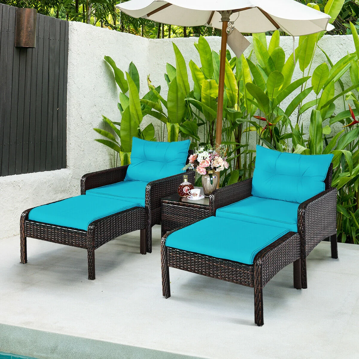 5 Pcs Patio Rattan Sofa Ottoman Set, Turquoise - Image 3