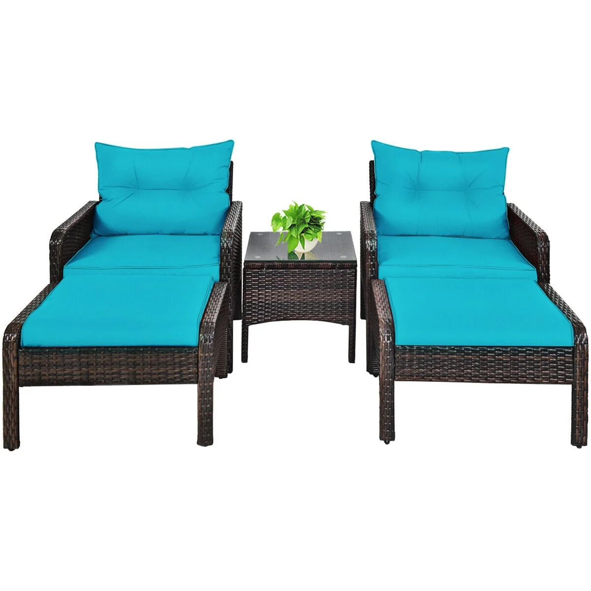 5 Pcs Patio Rattan Sofa Ottoman Set, Turquoise - Image 4
