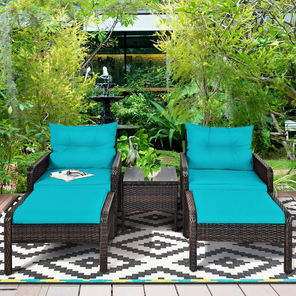5 Pcs Patio Rattan Sofa Ottoman Set, Turquoise - Image 7