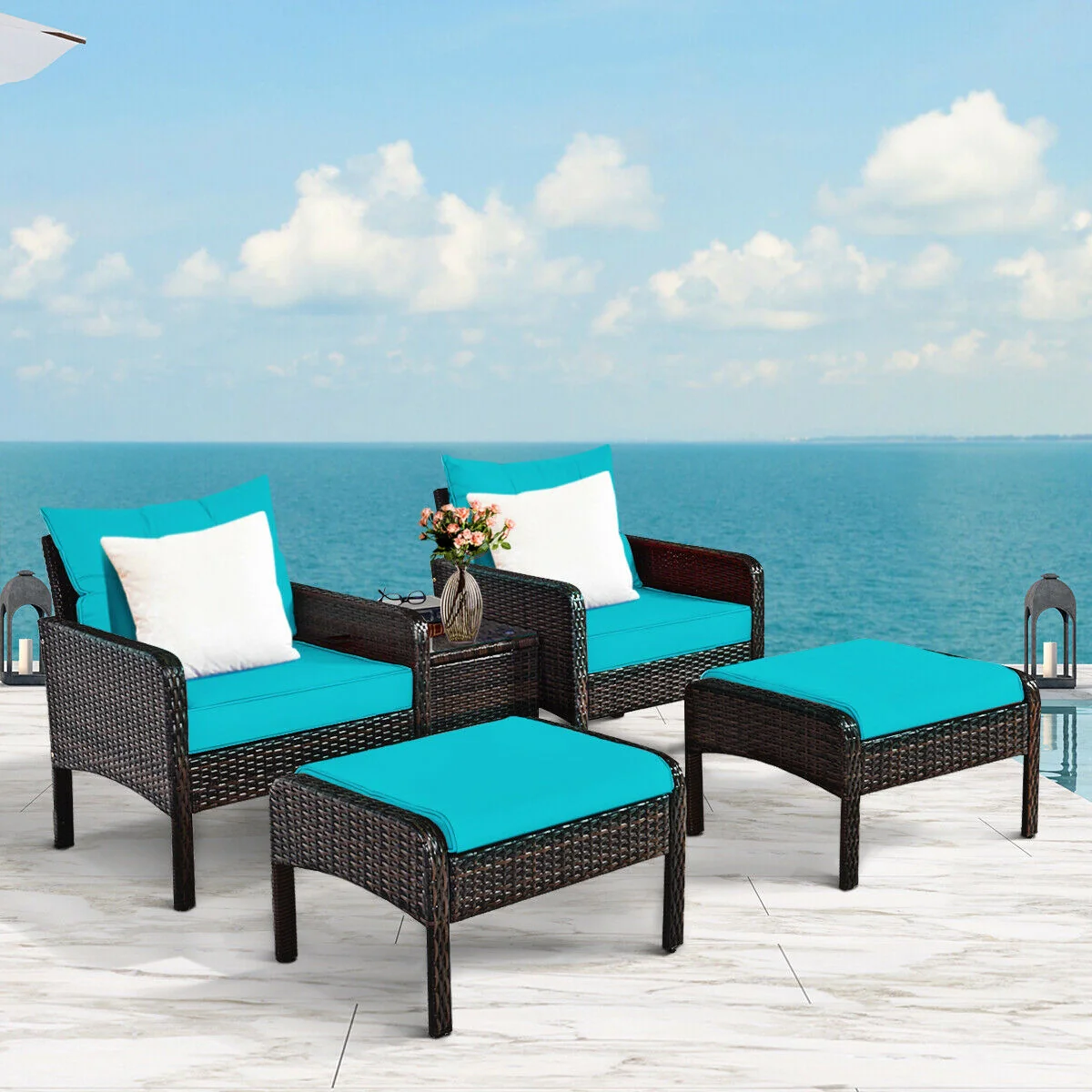 5 Pcs Patio Rattan Sofa Ottoman Set, Turquoise - Image 8