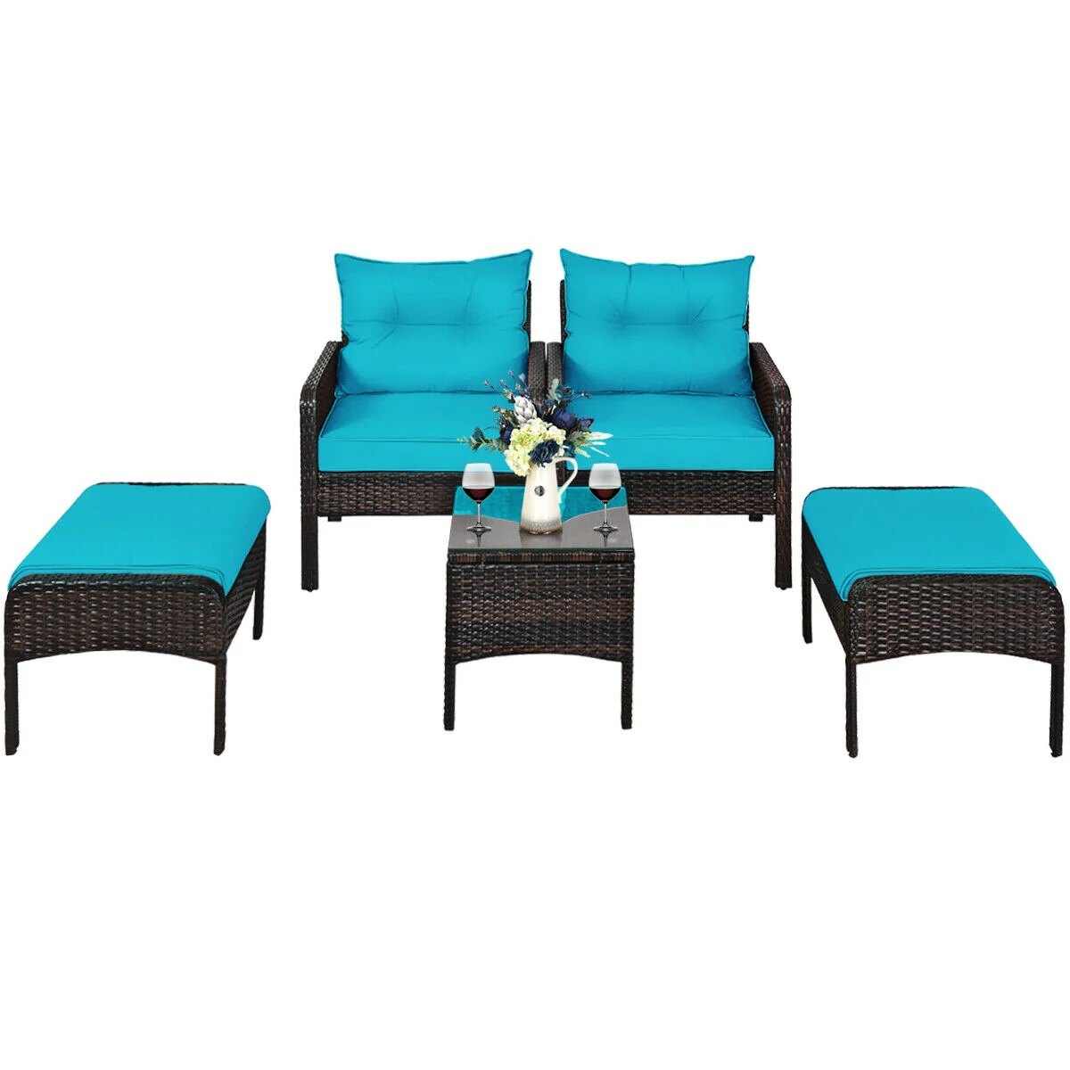 5 Pcs Patio Rattan Sofa Ottoman Set, Turquoise - Image 9