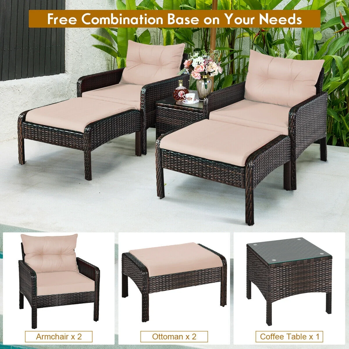 5 Pcs Patio Rattan Wicker Sofa Set, Beige - Image 3