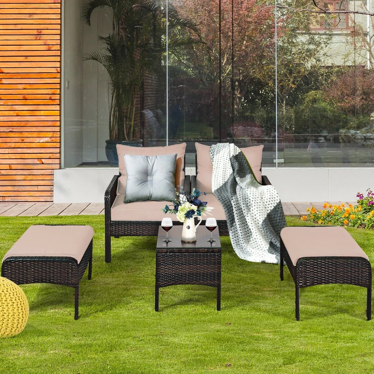 5 Pcs Patio Rattan Wicker Sofa Set, Beige - Image 8