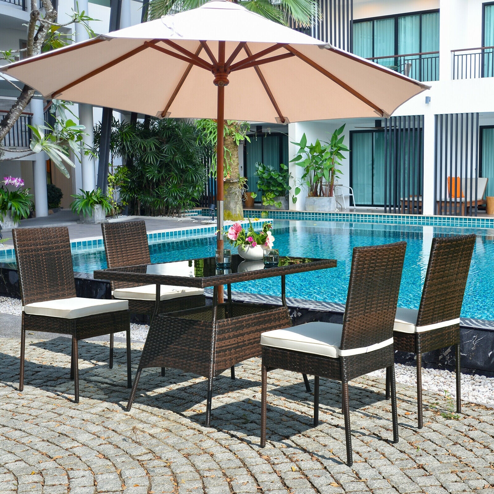 5 Pcs Rattan Dining Set, Glass Table High Back Chair, Brown - Image 10