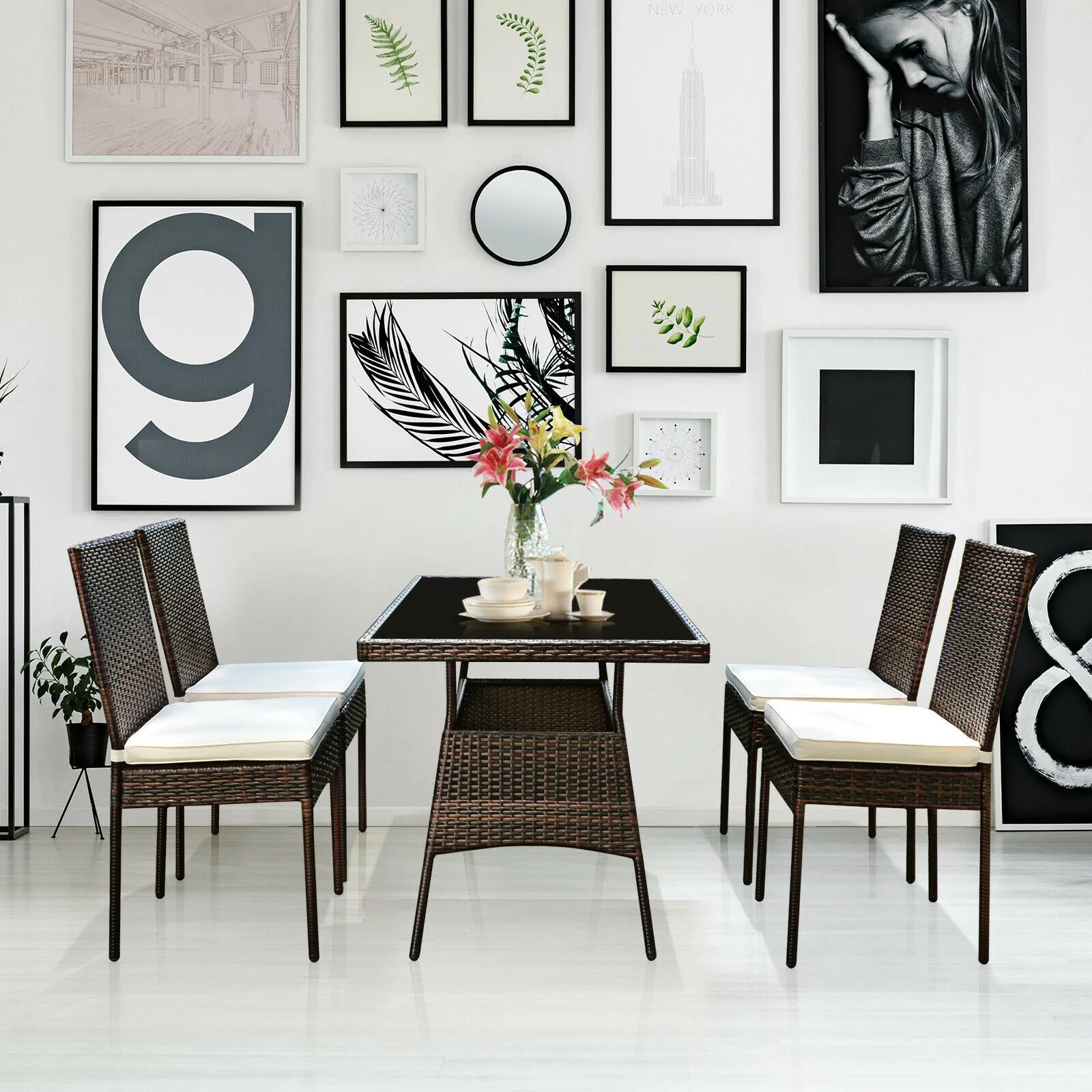 5 Pcs Rattan Dining Set, Glass Table High Back Chair, Brown - Image 3