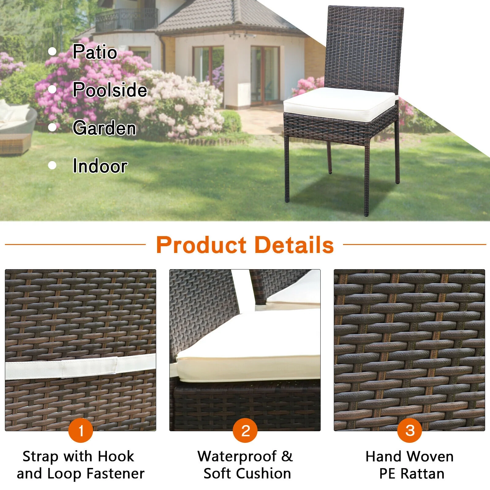 5 Pcs Rattan Dining Set, Glass Table High Back Chair, Brown - Image 6