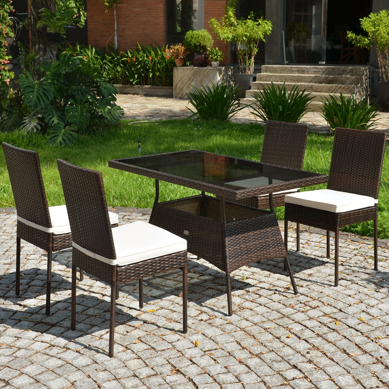 5 Pcs Rattan Dining Set, Glass Table High Back Chair, Brown - Image 7