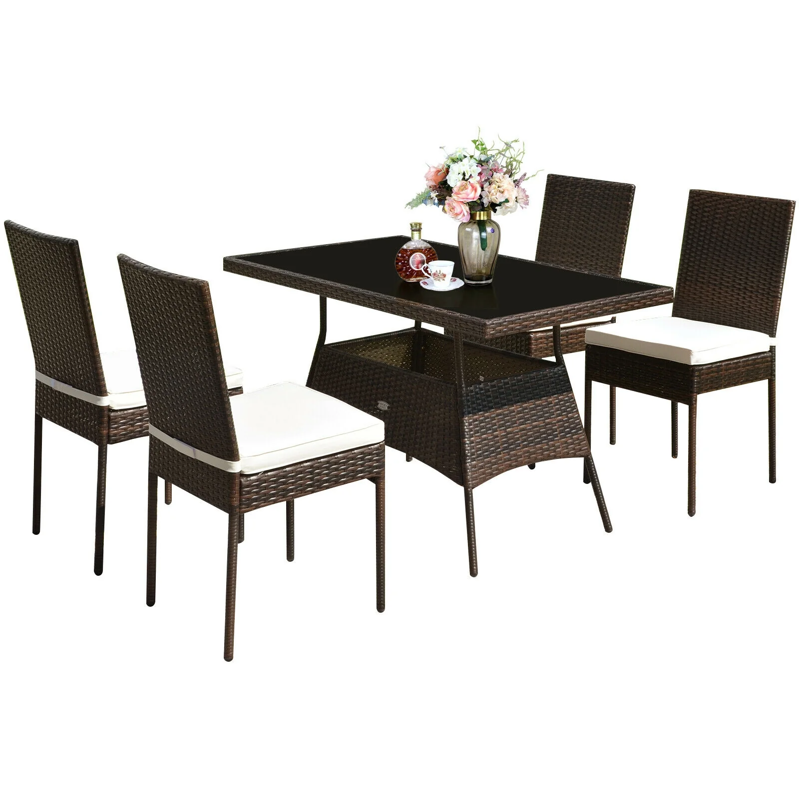 5 Pcs Rattan Dining Set, Glass Table High Back Chair, Brown - Image 8