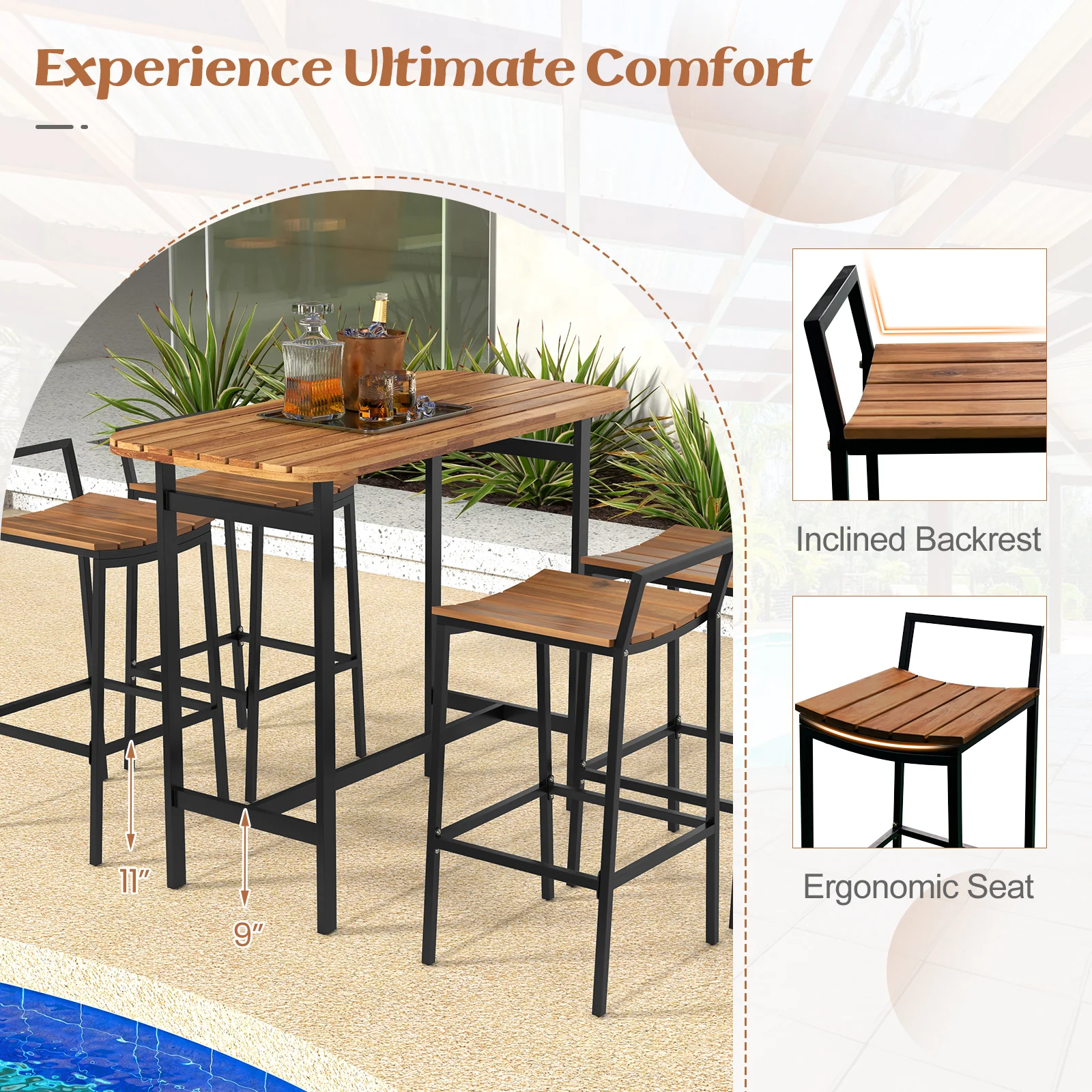 5 Piece Acacia Wood Bar Table Set, Metal Frame, Footrest - Image 10
