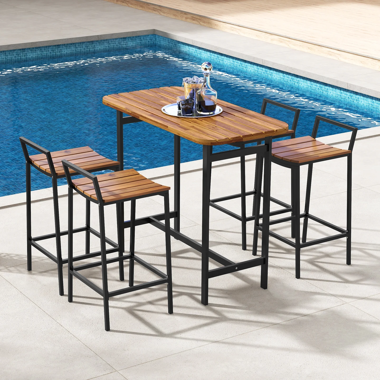 5 Piece Acacia Wood Bar Table Set, Metal Frame, Footrest - Image 2