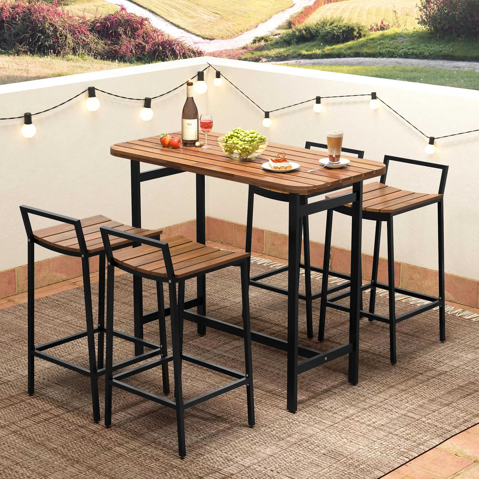 5 Piece Acacia Wood Bar Table Set, Metal Frame, Footrest - Image 3
