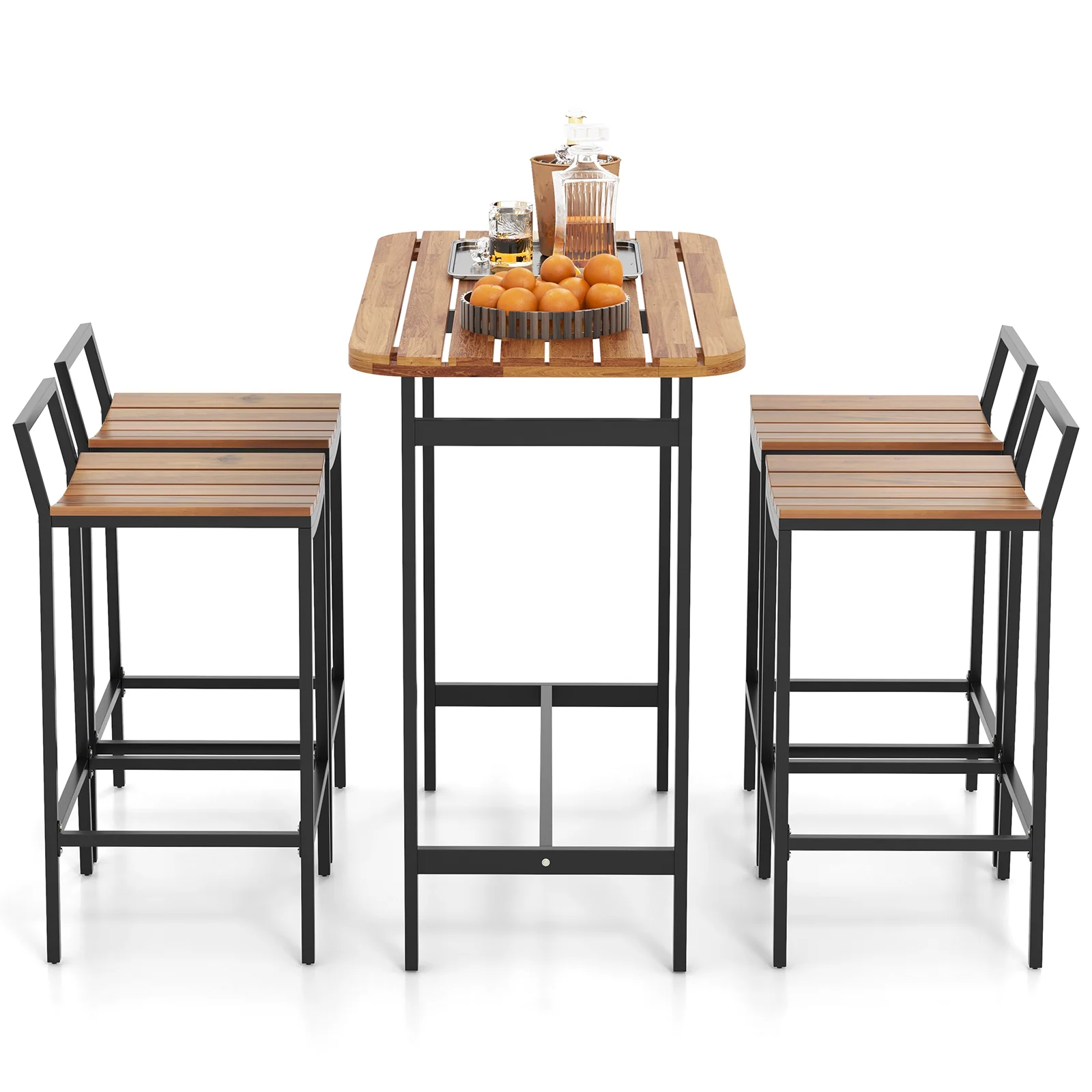 5 Piece Acacia Wood Bar Table Set, Metal Frame, Footrest - Image 5