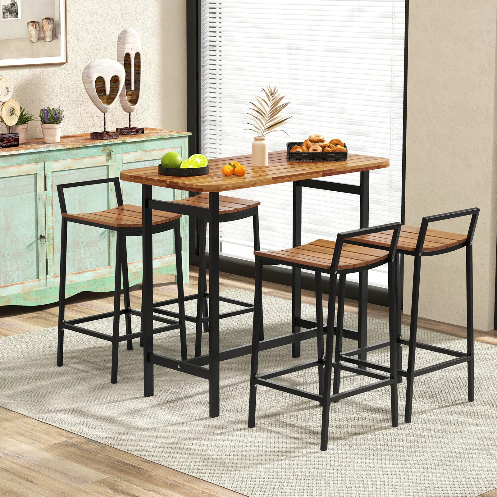 5 Piece Acacia Wood Bar Table Set, Metal Frame, Footrest - Image 7