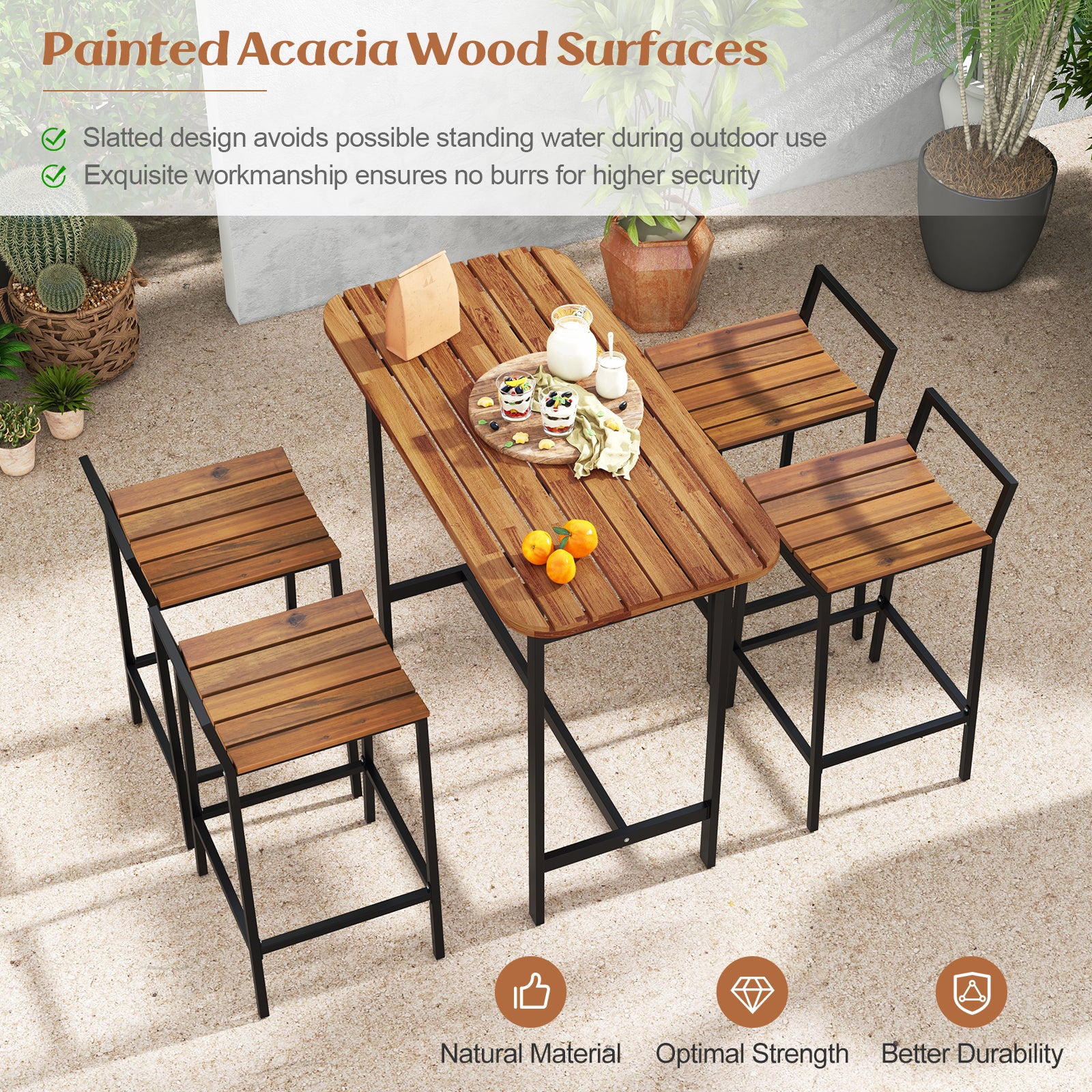 5 Piece Acacia Wood Bar Table Set, Metal Frame, Footrest - Image 8