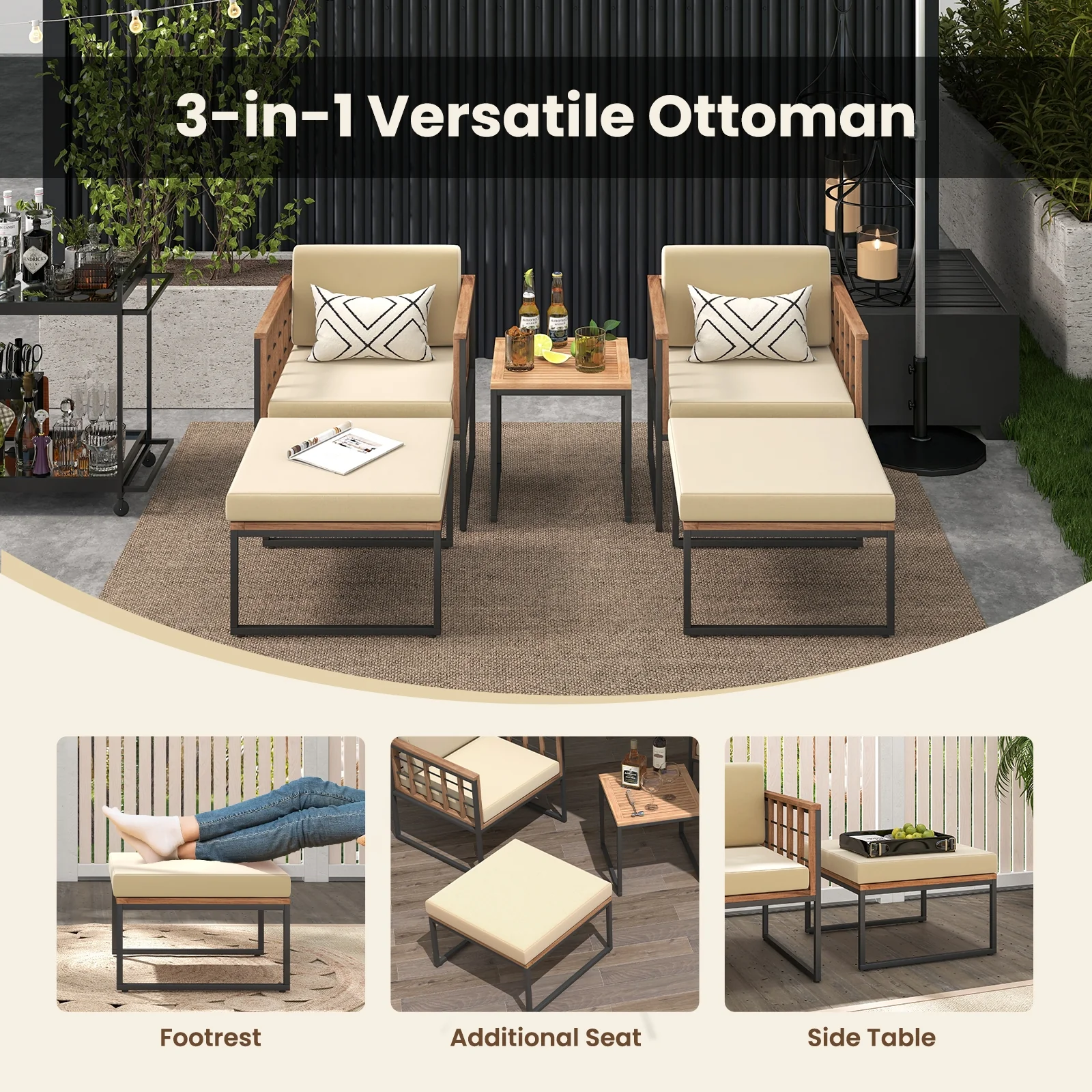 5 Piece Acacia Wood Outdoor Furniture Set, With Ottomans And Coffee Table, Beige - Image 10