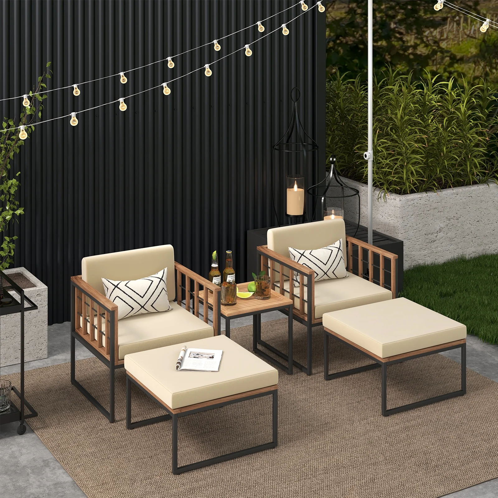 5 Piece Acacia Wood Outdoor Furniture Set, With Ottomans And Coffee Table, Beige - Image 2