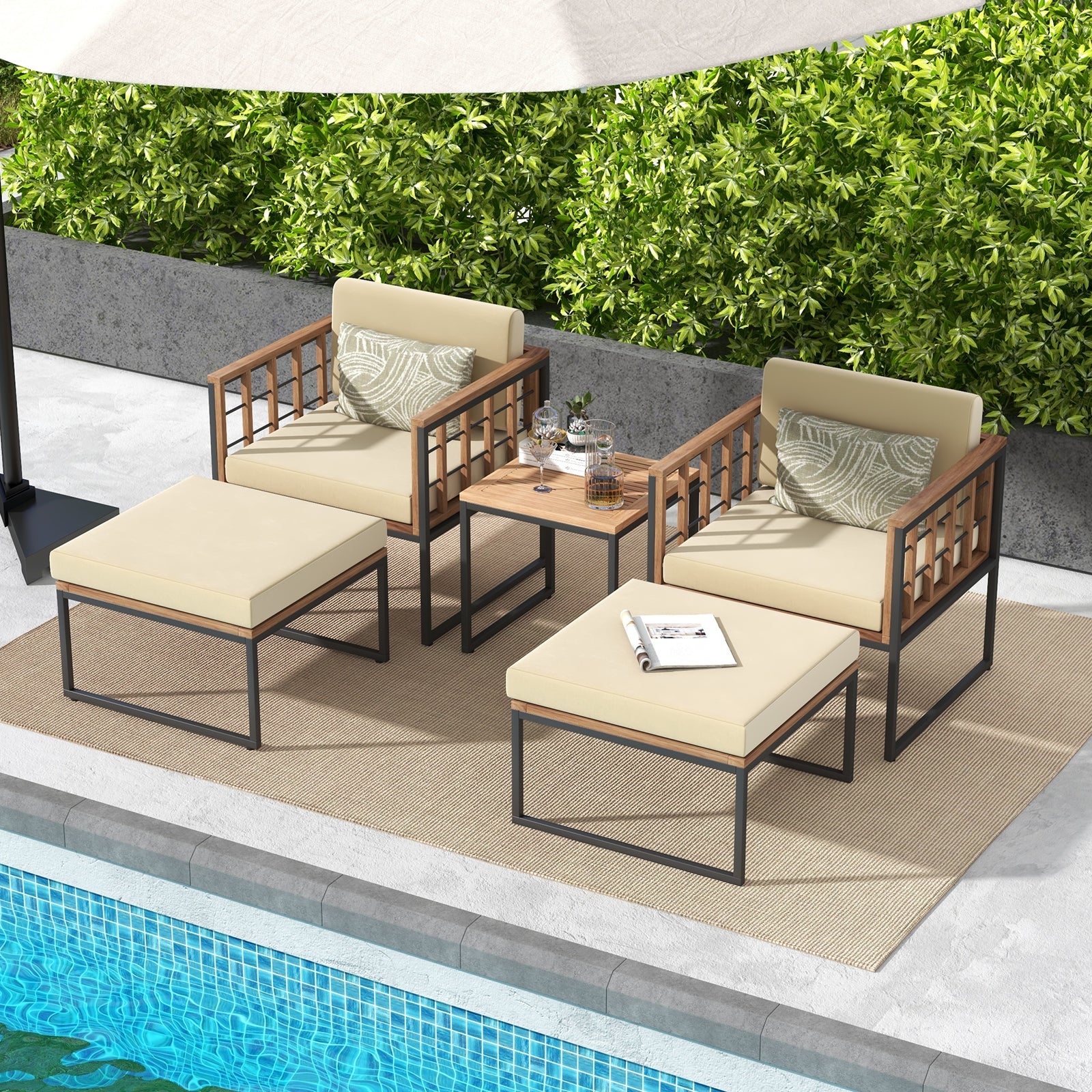 5 Piece Acacia Wood Outdoor Furniture Set, With Ottomans And Coffee Table, Beige - Image 3