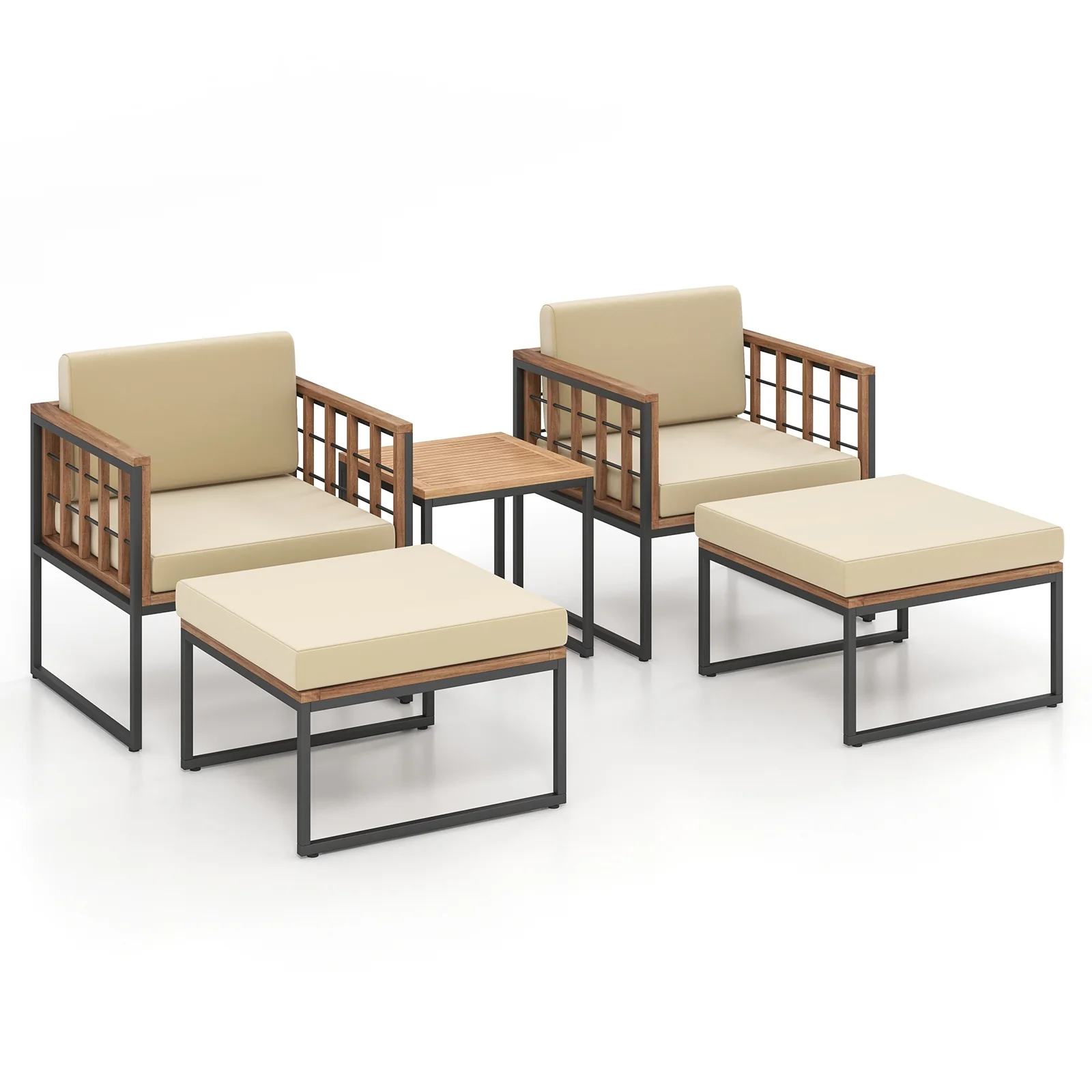 5 Piece Acacia Wood Outdoor Furniture Set, With Ottomans And Coffee Table, Beige - Image 5