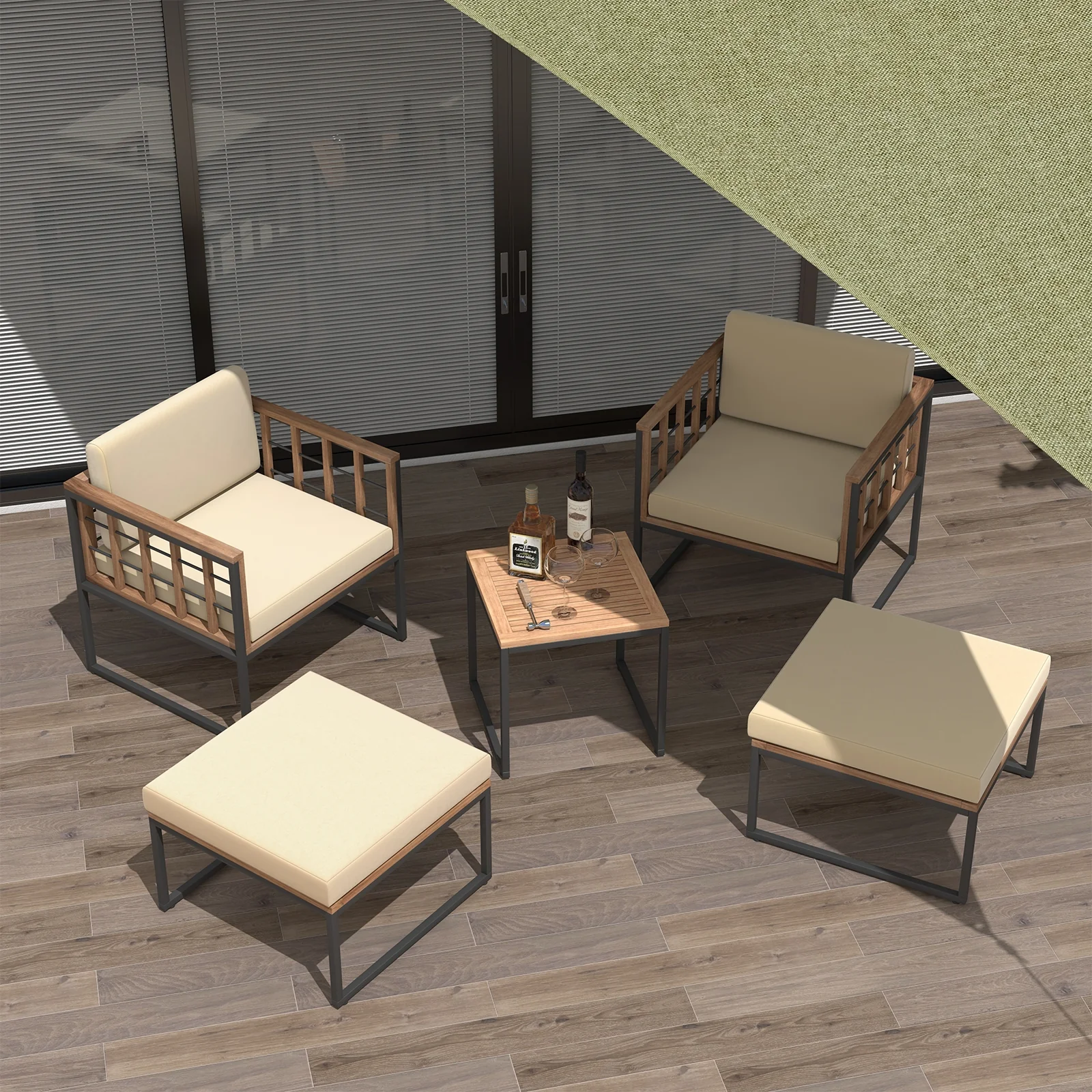 5 Piece Acacia Wood Outdoor Furniture Set, With Ottomans And Coffee Table, Beige - Image 7