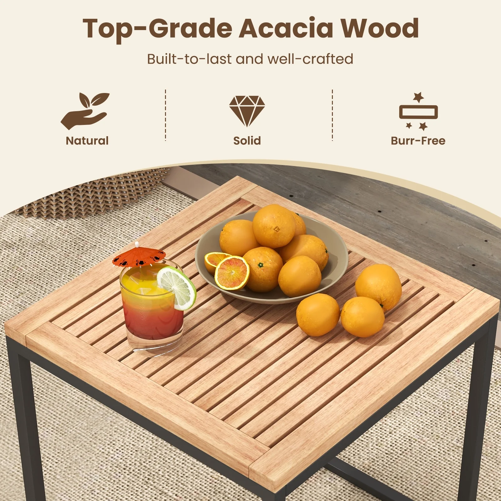 5 Piece Acacia Wood Outdoor Furniture Set, With Ottomans And Coffee Table, Beige - Image 8