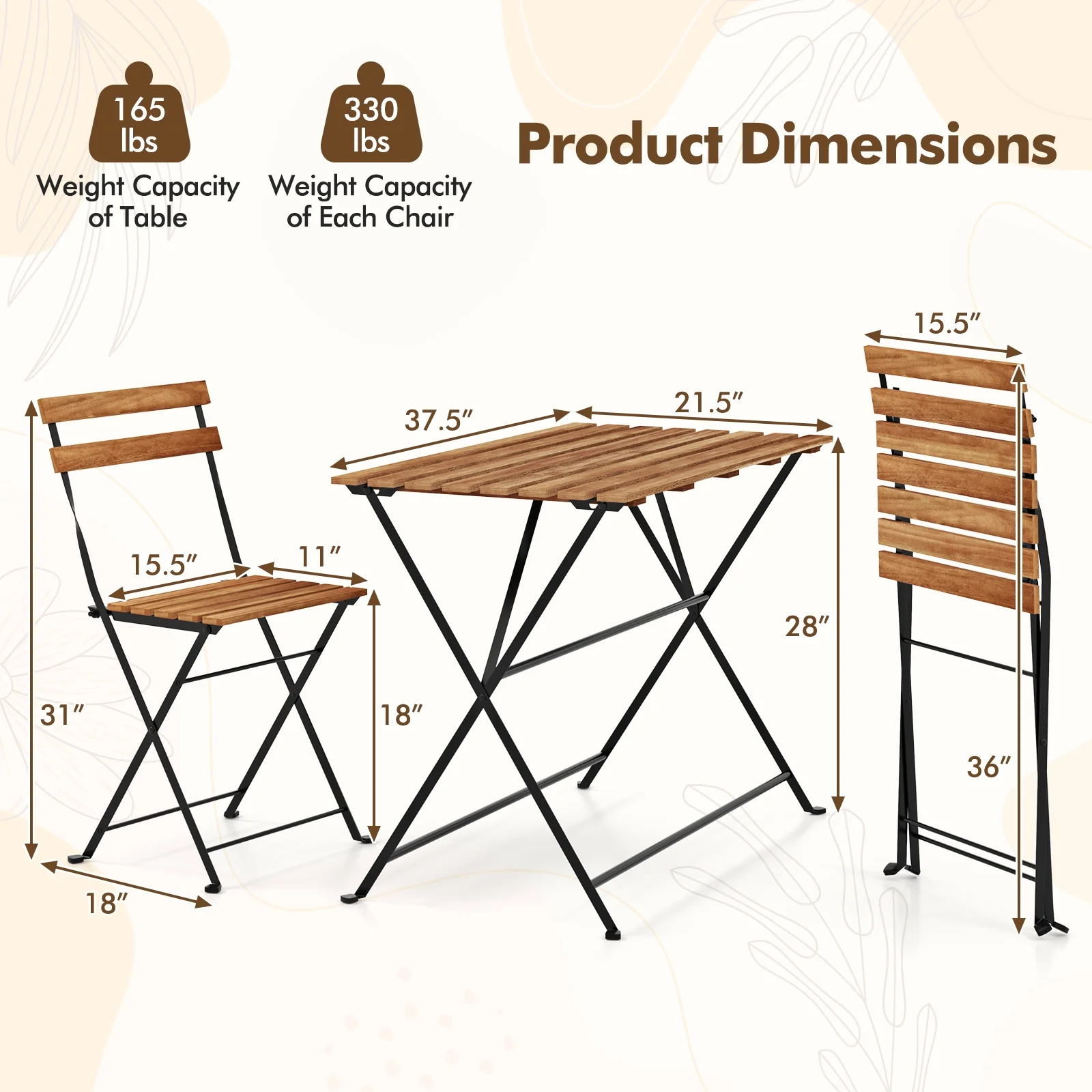5 Piece Acacia Wood Patio Dining Set, Brown - Image 6